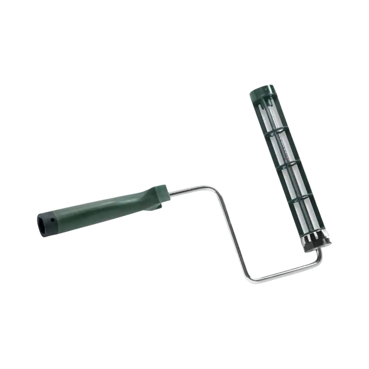 The WOOSTER (R017-9) Sherlock 9 in. Quick Release Roller Frame, without a cover, has a green plastic handle and a sturdy metal cage with reinforced threads to secure the roller for a professional finish.